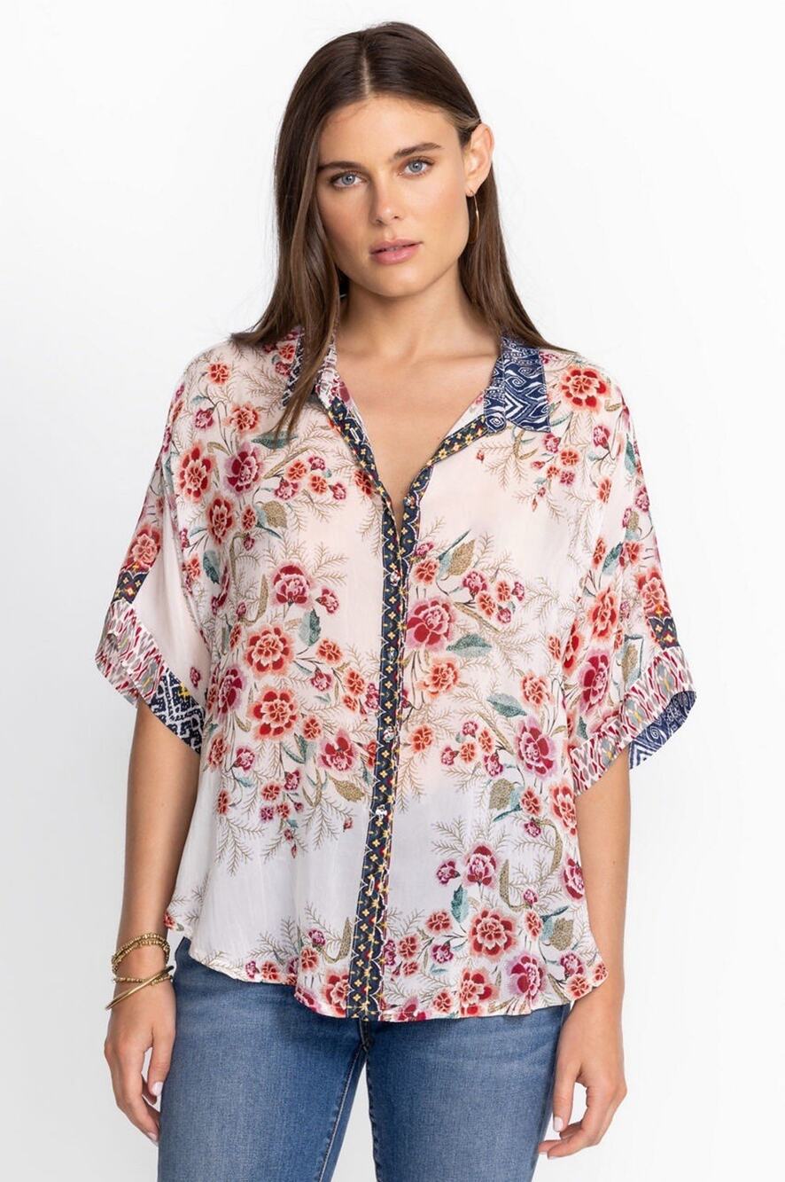 Johnny Was Womens Floral Patchwork Button Up Blouse Aztec Lynn Shirt Sz L Rayon